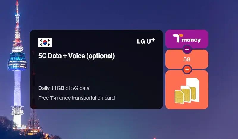 Korea 5G SIM Card + T-money Transportation Card: Unlimited 5G Data + Optional Voice (1~90 days) by LG U+ - Pick up from Incheon Airport & Gimpo Airport & Gimhae Airport - main view